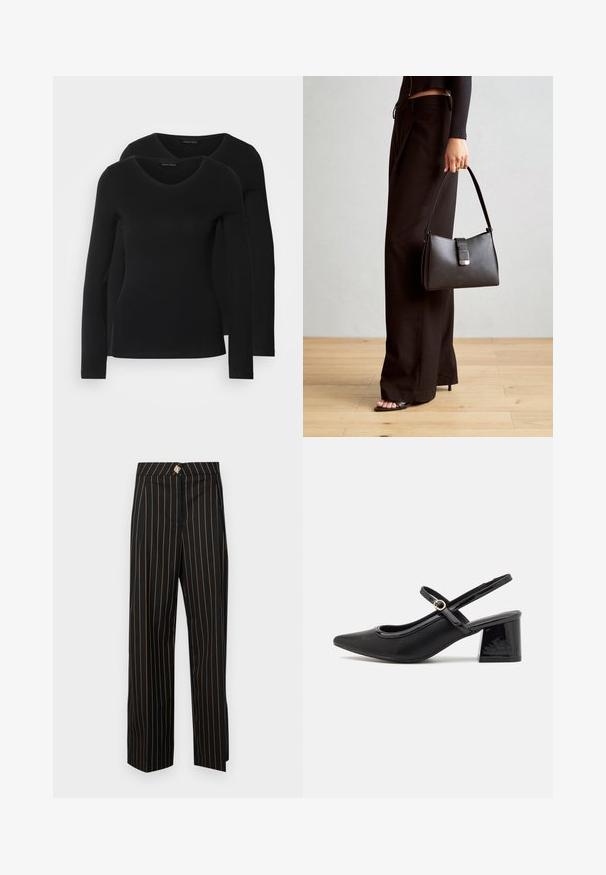 Twee zwarte longsleeve shirts met een V-hals ontwerp, gemaakt van zachte, rekbare stof, die een gladde textuur en een getailleerde vorm laten zien.; Zwarte high-waisted broeken met oranje verticale strepen, een rechte snit en een decoratieve, met stof beklede knoop op de tailleband.; Zwarte gepolijste leren slingback hakken met een spitse neus, een ronde uitsnede en een blokhak. Voorzien van een gouden gespaccent.; Zwarte handtas met gestructureerde vorm, gladde textuur en een metalen sluiting. Gecombineerd met brede zwarte broeken en sandalen met open teen op een houten vloer.