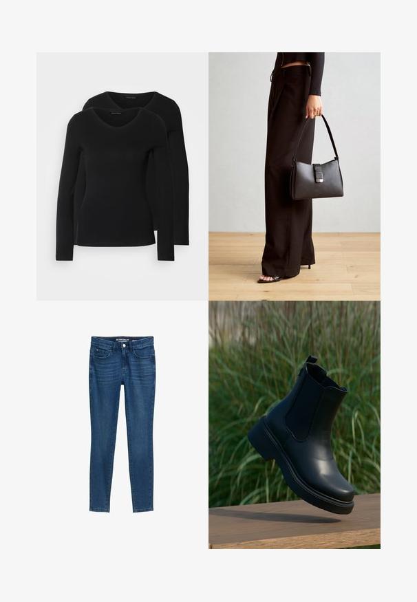Két fekete, hosszú ujjú póló V nyakkal, puha, rugalmas anyagból, sima textúrával és testhezálló fazonnal.; Sötétkék, slim fit farmernadrág. Klasszikus öt zsebes dizájnnal, gombos záródással és varrási részletekkel rendelkezik. Sima textúra.; Fekete bőr bokacsizmák rugalmas oldalsó panelek, kerek orr és vastag platform talp jellemzi, fából készült felületen elhelyezve.; Fekete kézi táska strukturált formával, sima textúrával és fémből készült záródással. Széles fekete nadrággal és nyitott orrú szandállal párosítva, fából készült padlón.