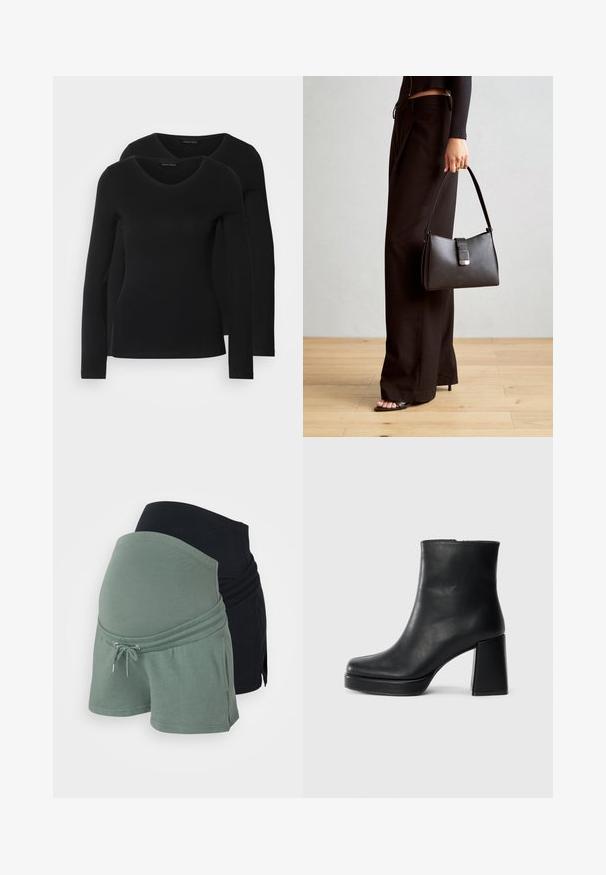 Kaksi mustaa pitkähihaista paitaa V-aukkolla, valmistettu pehmeästä ja joustavasta kankaasta, joka osoittaa sileää tekstuuria ja istuvaa muotoa.; Äitiysshortsit-setti mustana ja vihreänä. Pehmeä puuvillakangas, rento malli, säädettävä vyötärö narulla, kerroksellinen muotoilu.; Musta nahkasaapas nilkkapituisena, jossa on paksu korko ja alustapohja, nähtynä sivulta yksinkertaisella valkoisella taustalla.; Musta käsilaukku, jossa on rakenteellinen muoto, sileä pinta ja metallinen solki. Yhdistetty leveisiin mustiin housuihin ja avonaiheisiin sandaaleihin puulattialla.