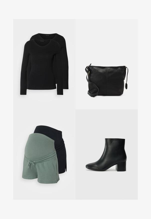 Kaksi mustaa pitkähihaista paitaa V-aukkolla, valmistettu pehmeästä ja joustavasta kankaasta, joka osoittaa sileää tekstuuria ja istuvaa muotoa.; Äitiysshortsit-setti mustana ja vihreänä. Pehmeä puuvillakangas, rento malli, säädettävä vyötärö narulla, kerroksellinen muotoilu.; Musta nahkasaappaat nilkkapituudella, jossa on terävä kärki ja paksu korko. Silkkinen pinta, jossa on minimaaliset yksityiskohdat ja tyylikäs, istuva muotoilu.; Musta nahkainen olkalaukku, jossa on litteä muoto, kultaiset yksityiskohdat ja säädettävä hihna. Sujuva pinta, jossa on vain vähän ompelutietoja.