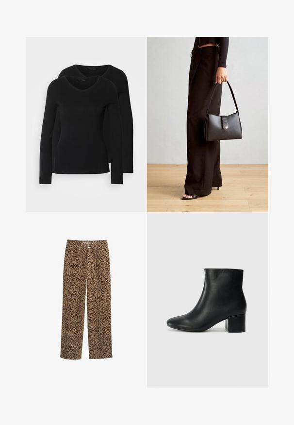 Dvě černé dlouhé rukávy trička s výstřihem do V, vyrobené z měkkého, elastického materiálu, s hladkou texturou a přiléhavým střihem.; Džínové kalhoty s leopardím potiskem, střední pas, rovný střih nohavic, s hnědým a černým vzorem, se zapínáním na knoflík a pěti kapsami.; Černé kožené kotníkové boty s špičatou špičkou a robustním podpatkem. Hladký povrch s minimálními akcenty a elegantním, přiléhavým designem.; Černá kabelka se strukturovaným tvarem, hladkým povrchem a kovovým uzávěrem. Kombinována s širokými černými kalhotami a sandály s otevřenou špičkou na dřevěné podlaze.
