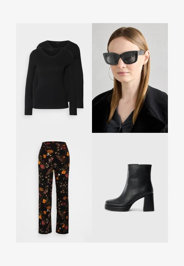 Two black long-sleeve shirts with a V-neck design, made of soft, stretchy fabric, showing smooth texture and a fitted shape.; Floral print wide-leg pants in black, featuring multicolored flowers, an elastic waistband, and a smooth fabric texture.; Black leather ankle boot with a block heel and platform sole, viewed from the side on a plain white background.; Black cat-eye sunglasses with dark lenses, thick frames, and subtle accents. Worn with a black coat and gray top, featuring long straight hair.