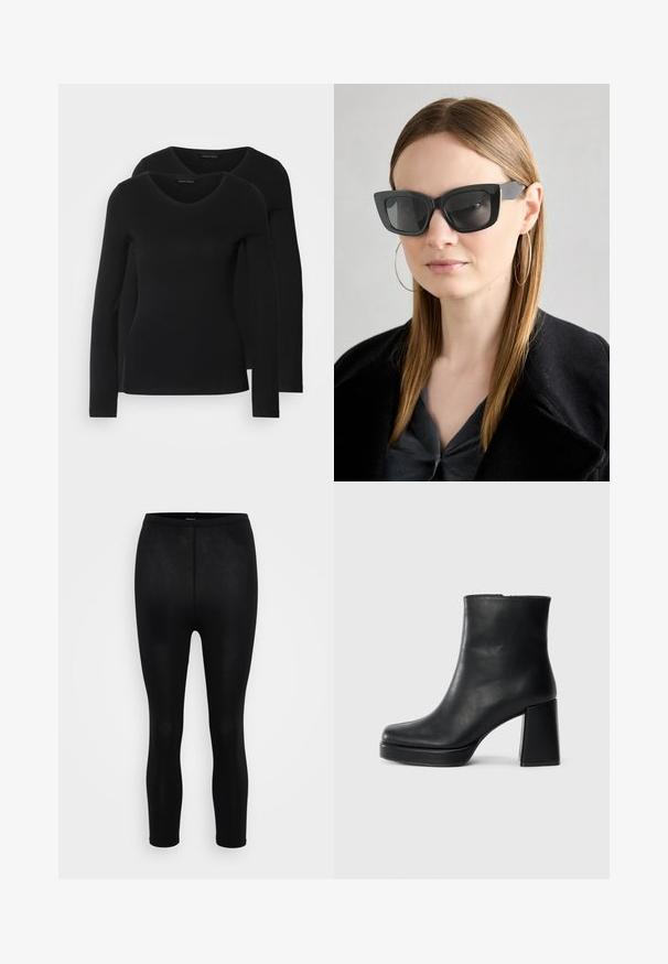 Divi melni krekli ar garām piedurknēm un V-veida kakla izgriezumu, izgatavoti no mīksta, elastīga auduma, ar gludu tekstūru un pieguļošu formas.; Melnas legingi ar gludu, glītu tekstūru, ar augstu jostu un pieguļošu dizainu, piemēroti dažādām aktivitātēm.; Melna ādas potīšu zābaku ar bloku papēdi un platformas zoli, skatīts no sāna uz vienkārša balta fona.; Melna kaķa acs saulesbrilles ar tumšiem objektīviem, bieziem rāmjiem un smalkiem akcentiem. Valkātas ar melnu mēteļi un pelēku augšu, ar garām taisnām matiem.