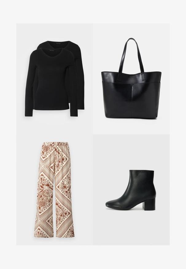 Deux chemises noires à manches longues avec un design en V, fabriquées en tissu doux et extensible, présentant une texture lisse et une silhouette ajustée.; Pantalons à jambes larges en tissu crème avec un motif floral brun et des designs géométriques, taille élastiquée et texture lisse.; Bottines en cuir noir avec un bout pointu et un talon épais. Texture lisse avec des accents minimalistes et un design élégant et ajusté.; Sac fourre-tout en cuir noir avec deux longues poignées, une texture lisse et une forme structurée. Dispose d'une poche avant pour un rangement supplémentaire.