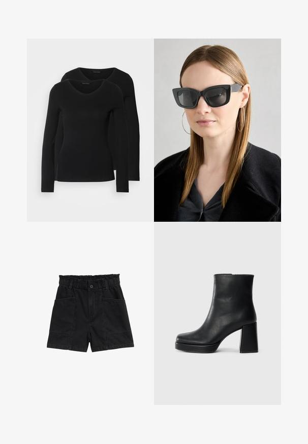 Due camicie a maniche lunghe nere con design a V, realizzate in tessuto morbido e elasticizzato, che mostrano una superficie liscia e una forma aderente.; Shorts in denim neri con vita elasticizzata, due tasche frontali e cuciture visibili. Dettaglio del bottone funzionale nella parte anteriore.; Stivale alla caviglia in pelle nera con tacco a blocco e suola platform, visto di lato su uno sfondo bianco uniforme.; Occhiali da sole a forma di occhio di gatto neri con lenti scure, montatura spessa e dettagli sottili. Indossati con un cappotto nero e una maglia grigia, con capelli lunghi e lisci.