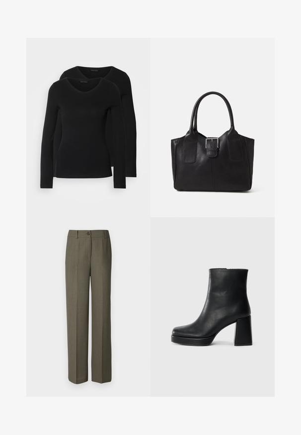 Două cămăși negre cu mâneci lungi și decolteu în V, fabricate dintr-un material moale și elastic, cu o textură netedă și o formă ajustată.; Modström GALE PANTS - Pantaloni - warm gray; Botină din piele neagră, cu toc pătrat și talpă platformă, văzută din lateral pe un fundal alb simplu.; Geantă tote din piele neagră cu textură netedă, formă structurată, două mânere și un detaliu proeminent din aliaj de argint pe partea din față.