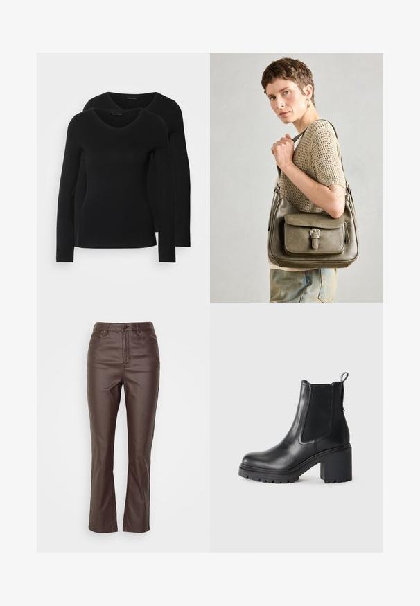 Két fekete, hosszú ujjú póló V nyakkal, puha, rugalmas anyagból, sima textúrával és testhezálló fazonnal.; Barna műbőr nadrág egyenes szárú kialakítással, öt zsebbel, elöl gombos záródással és látható varrás részletekkel.; Fekete bőr bokacsizma vastag sarokkal, elasztikus oldalsó panelekkel és hátsó húzófüllel. Texturált talp a jobb tapadás érdekében.; Olíva zöld bőr kézitáska, elöl hajtókával, állítható pánttal és ezüst színű fémrészletekkel, egy kötött felsőt viselő modellen bemutatva.