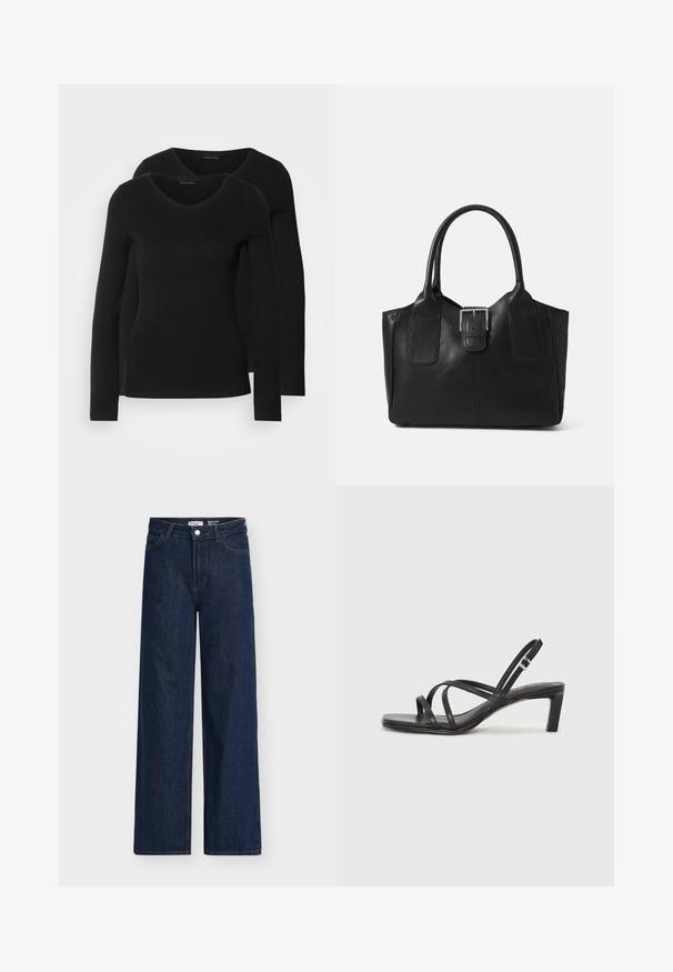 Twee zwarte longsleeve shirts met een V-hals ontwerp, gemaakt van zachte, rekbare stof, die een gladde textuur en een getailleerde vorm laten zien.; Donkerblauwe jeans met wijde pijpen en een hoge taille, gemaakt van denim. Voorzien van voorzakken, riemlussen en een knoopsluiting. Klassiek ontwerp.; Zwarte sandaal met bandjes, vierkante teen en een lage blokhak. Voorzien van meerdere dunne bandjes en een verstelbare enkelband. Gemaakt van zacht leer.; Zwarte leren tote bag met een gladde textuur, gestructureerde vorm, twee handvatten en een opvallend zilveren sluitingdetail aan de voorkant.