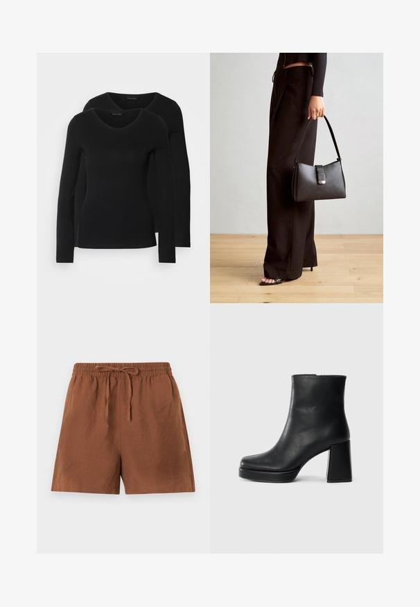 Dvoje čiernych košieľ s dlhým rukávom a výstrihom do V, vyrobených z mäkkej a elastickej látky, s jemnou textúrou a priliehavým strihom.; Hnedé, ľahké šortky s elastickým pásom a šnúrkou. Vyznačujú sa voľným strihom a hladkou textúrou, vhodné na bežné nosenie.; Čierne kožené členkové topánky s blokovým podpätkom a platformovou podrážkou, zobrazené z boku na bielom pozadí.; Čierna kabelka so štruktúrovaným tvarom, hladkou textúrou a kovovou sponou. V kombinácii so širokými čiernymi nohavicami a sandálmi s otvorenou špičkou na drevenej podlahe.