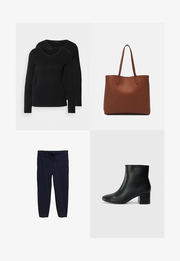 Kaksi mustaa pitkähihaista paitaa V-aukkolla, valmistettu pehmeästä ja joustavasta kankaasta, joka osoittaa sileää tekstuuria ja istuvaa muotoa.; Tummansiniset housut, joissa on joustava vyötärö ja kiristysnarut. Materiaali on sileä, ja lahkeet ovat kapenevat ilman näkyviä kuvioita.; Musta nahkasaappaat nilkkapituudella, jossa on terävä kärki ja paksu korko. Silkkinen pinta, jossa on minimaaliset yksityiskohdat ja tyylikäs, istuva muotoilu.; Ruskea nahkainen olkalaukku, jossa on sileä pinta, avoin yläosa ja kaksi olkahihnaa. Omaavat vain minimaalisen ompelun eikä näkyvää metalliosaa.