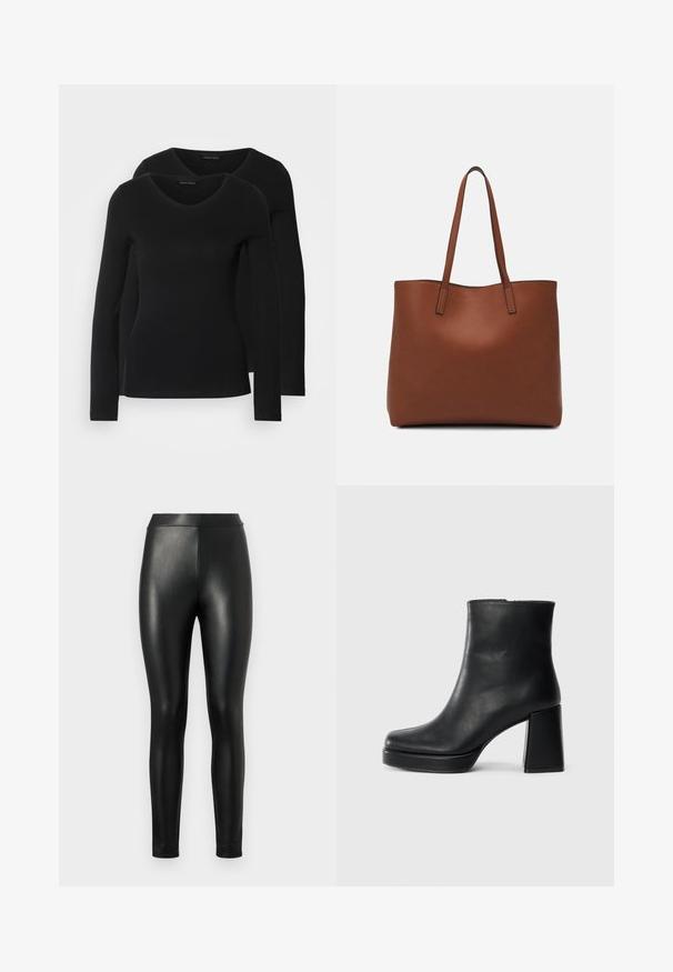 Due camicie a maniche lunghe nere con design a V, realizzate in tessuto morbido e elasticizzato, che mostrano una superficie liscia e una forma aderente.; Leggings in ecopelle nera con una trama liscia, cintura alta e vestibilità aderente, progettati per una silhouette slanciata.; Stivale alla caviglia in pelle nera con tacco a blocco e suola platform, visto di lato su uno sfondo bianco uniforme.; Borsa tote in pelle marrone con texture liscia, design con apertura superiore e due spallacci. Presenta cuciture minime e nessun hardware visibile.