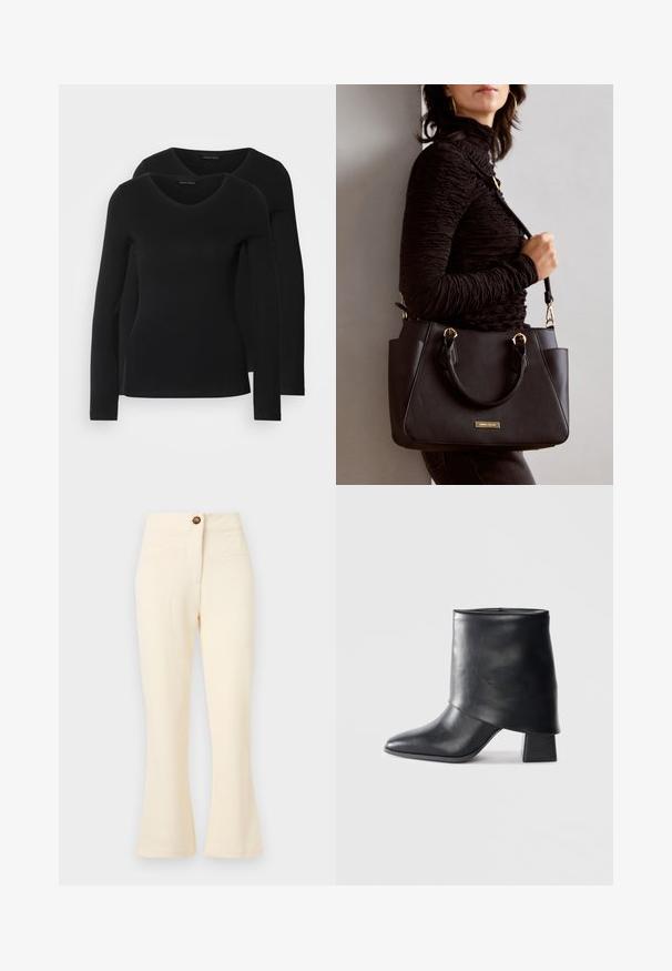 Two black long-sleeve shirts with a V-neck design, made of soft, stretchy fabric, showing smooth texture and a fitted shape.; Cream-colored flared pants with a textured fabric, front pockets, and a single brown button at the waistband.; Black leather ankle boot with a pointed toe, smooth texture, and a structured block heel. Features a high, folded cuff design.; Black handbag with textured surface, dual top handles, and adjustable shoulder strap. Features gold-tone hardware and side pockets.