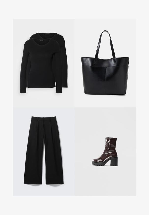 Kaks musta pika varrukaga särk, millel on V-kaelus ja mis on valmistatud pehmest ja venivast kangast, millel on sile tekstuur ja sobiv kuju.; Laiade lõikega püksid ühevärvilises mustas kangas, millel on lame esikülg, voldid ja küljetaskud. Kerge materjal, sileda tekstuuriga.; Klakav läikiv burgundi värvi pahkluu saabas, millel on paks must konts, sile tekstuur ja lihtne disain. Nähtavad kinnitused või mustrid puuduvad.; Must mustaga musta nahast, millel on kaks pikka kanda, sile tekstuur ja struktureeritud kuju. Esipoolsel on lisakoti jaoks tasku.