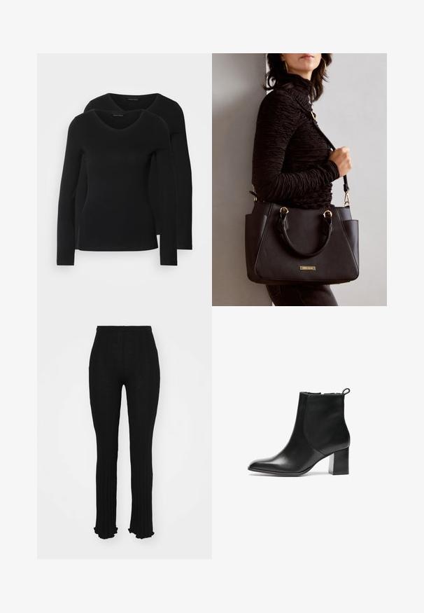 To svarte langermede skjorter med V-halsdesign, laget av mykt, elastisk stoff, viser jevn tekstur og en tettsittende fasong.; Sorte ribbede bukser med flagrende bunn, med et teksturert design og elastisk midje. Glatt, lett stoff med en tettsittende silhuett.; Svarte skinn ankelstøvler med rund tå, middels høy blokkhæl og en trekkflik bak. Glatt tekstur, minimalistisk design.; Svart håndveske med teksturert overflate, doble topphåndtak og justerbar skulderrem. Har detaljer i gulltone og sidelommer.