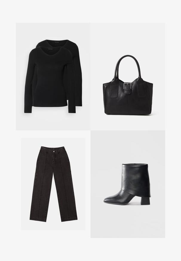 Două cămăși negre cu mâneci lungi și decolteu în V, fabricate dintr-un material moale și elastic, cu o textură netedă și o formă ajustată.; Jeansi negri cu croi larg, din denim, având talie înaltă, închidere frontală cu nasture și două linii verticale de cusătură pe față.; Botine din piele neagră cu vârf ascuțit, textură netedă și toc bloc structurat. Prezintă un design cu manșetă înaltă și pliată.; Geantă tote din piele neagră cu textură netedă, formă structurată, două mânere și un detaliu proeminent din aliaj de argint pe partea din față.