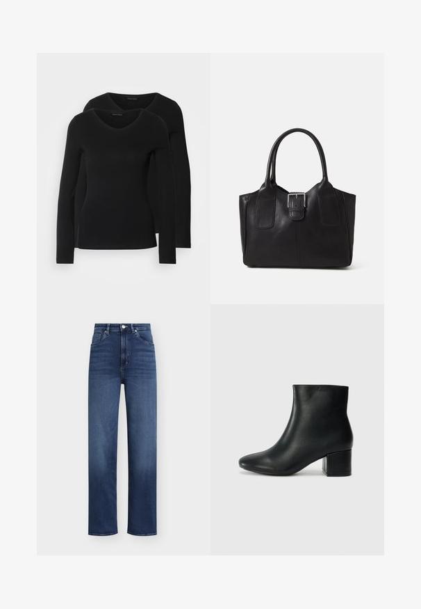 Two black long-sleeve shirts with a V-neck design, made of soft, stretchy fabric, showing smooth texture and a fitted shape.; Dark blue denim jeans with a high waist, straight-leg design, and classic five-pocket styling. Features a button and zipper closure.; Black leather ankle boots with a pointed toe and a chunky heel. Smooth texture with minimal accents and a sleek, fitted design.; Black leather tote bag with smooth texture, structured shape, two handles, and a prominent silver buckle detail on the front.
