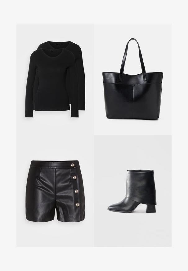Kaksi mustaa pitkähihaista paitaa V-aukkolla, valmistettu pehmeästä ja joustavasta kankaasta, joka osoittaa sileää tekstuuria ja istuvaa muotoa.; Mustat nahkahousut, joissa on sileä pinta, neljä hopeista nappia oikealla puolella ja kaksi etutaskua.; Mustat nahka nilkkurit, joissa on terävä kärki, sileä pinta ja jämäkkä lohkosaapas. Ominaisuuksia korkea, taitettu varren muotoilu.; Musta nahkainen kassi, jossa on kaksi pitkää kahvaa, sileä pinta ja jämäkkä muoto. Sisältää etutaskun lisävarastointia varten.