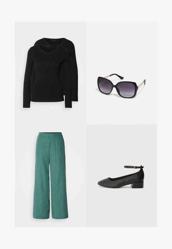 Két fekete, hosszú ujjú póló V nyakkal, puha, rugalmas anyagból, sima textúrával és testhezálló fazonnal.; Széles szárú nadrág egységes téglakék színben, rugalmas derékkal és könnyű, textúrált anyaggal. Kényelmes viselet mindennapi használatra.; Fekete bőr magassarkú cipő hegyes orral és alacsony tömb sarkal. Bokapánttal rendelkezik, aranyszínű csattal. Simább textúra.; Fekete, oversize napszemüveg fokozatos árnyalatú lencsékkel, vastag kerettel és arany színű lánc díszítéssel a szárakon.