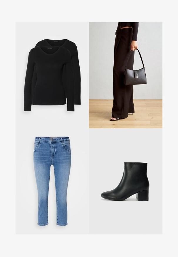 Du į juodas ilgomis rankovėmis marškiniai su V formos iškirpte, pagaminti iš minkštos, tamprios medžiagos, rodantys lygią tekstūrą ir prigludusią formą.; Šviesiai mėlynų džinsų kelnių su prigludusia forma, vidutiniu liemeniu ir trumpu ilgumu. Yra keturi kišenės ir mygtuko užsegimas.; Juodos odinės aulinės botai su smailiu priekiniu pirštu ir storu kulnu. Lygus tekstūra su minimaliomis detalėmis ir elegantišku, tvirtai priglundančiu dizainu.; Juodas rankinė struktūrizuota forma, lygi tekstūra ir metalinis užsegimas. Suporuota su plačiomis juodomis kelnėmis ir atvirais bateliais ant medinių grindų.