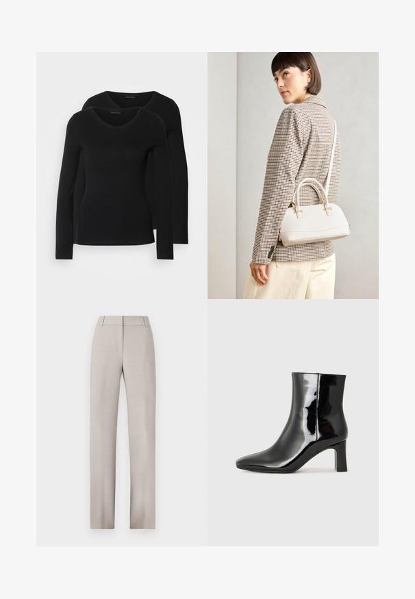 Deux chemises noires à manches longues avec un design en V, fabriquées en tissu doux et extensible, présentant une texture lisse et une silhouette ajustée.; Pantalons taillés beige clair avec une coupe droite. Confectionnés en tissu texturé, dotés d'un devant plat et de passants de ceinture.; Bottines en cuir verni noir avec un bout pointu et un talon block de hauteur moyenne. Texture lisse et design minimaliste.; Sac à main structuré blanc avec de courtes poignées et une bandoulière, doté de accents en métal doré et d'un matériau texturé, présenté sur un fond gris.