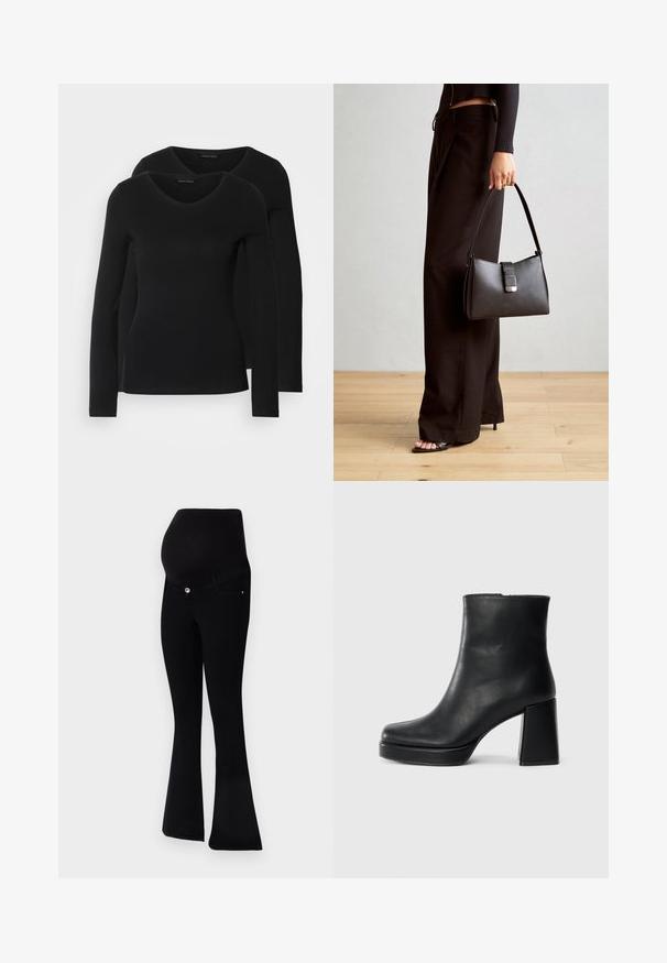 Dwie czarne koszule z długim rękawem o designie w kształcie litery V, wykonane z miękkiego, elastycznego materiału, o gładkiej teksturze i dopasowanym kroju.; Czarne jeansy ciążowe z szerokimi nogawkami, miękkiego materiału, z wysokim pasem dla wsparcia oraz z zapięciem na guzik z przodu.; Czarne skórzane botki za kostkę z blokowym obcasem i platformą, widok z boku na białym tle.; Czarna torebka o usztywnionym kształcie, gładkiej fakturze i metalowym zapięciem. Połączona z szerokimi czarnymi spodniami i sandałami na otwartym palcu na drewnianej podłodze.