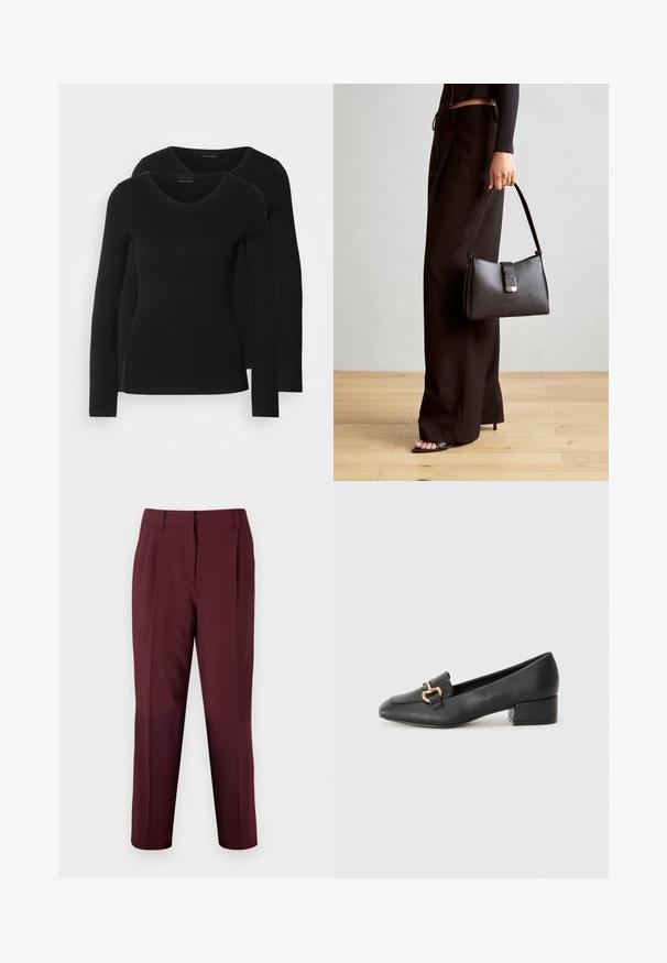 Du į juodas ilgomis rankovėmis marškiniai su V formos iškirpte, pagaminti iš minkštos, tamprios medžiagos, rodantys lygią tekstūrą ir prigludusią formą.; Bruuns Bazaar CINDYSUS DAGNY - Kelnės - sassafras; Juodi odiniai loaferiai su plokščiu kulnu, su dekoratyvia auksine detalės priekyje ir glotnia tekstūra.; Juodas rankinė struktūrizuota forma, lygi tekstūra ir metalinis užsegimas. Suporuota su plačiomis juodomis kelnėmis ir atvirais bateliais ant medinių grindų.