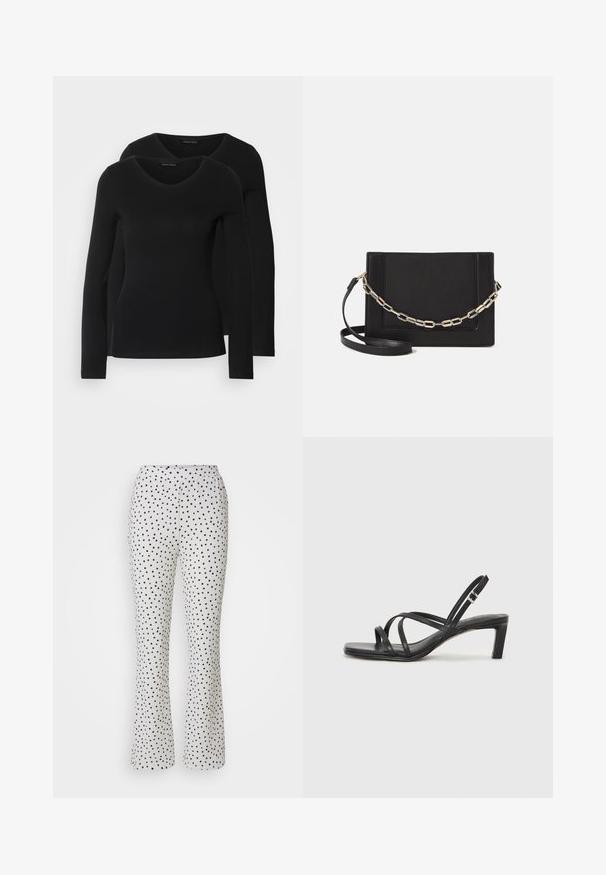 Zwei schwarze Langarmshirts mit V-Ausschnitt, aus weichem, dehnbarem Stoff, der eine glatte Textur und eine figurbetonte Passform zeigt.; Weiße Hose mit schwarzen Tupfen, im ausgestellten Design und mit elastischem Bund. Hergestellt aus leichtem, strukturiertem Stoff.; Schwarze Sandale mit Riemchen, quadratischer Zehenform und niedrigem Blockabsatz. Verfügt über mehrere dünne Riemen und einen verstellbaren Knöchelriemen. Hergestellt aus glattem Leder.; Schwarze Leder-Crossbody-Tasche mit glatter Textur, rechteckiger Form und metallic-kettendetail auf der Vorderseite. Verstellbarer Gurt inklusive.