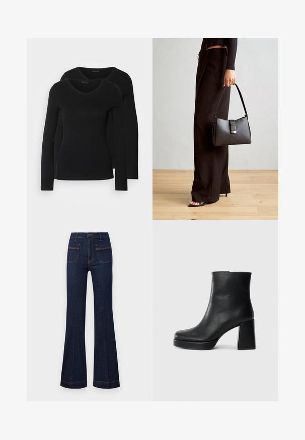 To svarte langermede skjorter med V-halsdesign, laget av mykt, elastisk stoff, viser jevn tekstur og en tettsittende fasong.; Mørk denim flared jeans med skreddersydd passform, høy midje og kontrastfarget oransjetråd. To frontlommer og to baklommer er inkludert.; Sorte skinnankelsko med blokkhæl og plattformsåle, sett fra siden på en enkel hvit bakgrunn.; Svart håndveske med strukturert form, jevn tekstur og metallisk lås. Kombinert med brede svarte bukser og sandaler med åpen tå på tregulv.