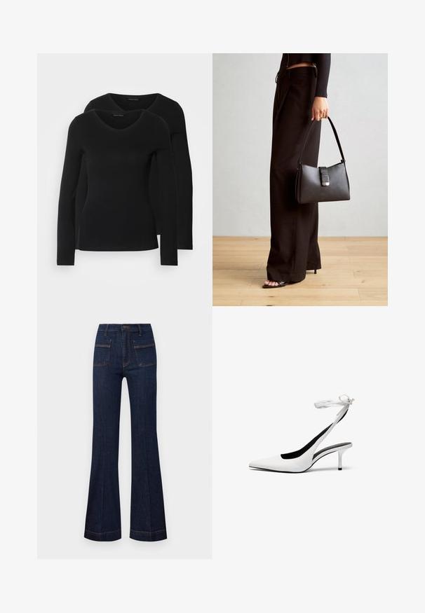 Two black long-sleeve shirts with a V-neck design, made of soft, stretchy fabric, showing smooth texture and a fitted shape.; Dark denim flared jeans featuring a tailored fit, high waist, and contrasting orange stitching. Two front and back pockets included.; White pointed-toe slingback heels with a thin ankle strap. Smooth leather material, thin stiletto heel, and a black interior lining.; Black handbag with structured shape, smooth texture, and a metallic clasp. Paired with wide black pants and open-toe sandals on wooden floor.