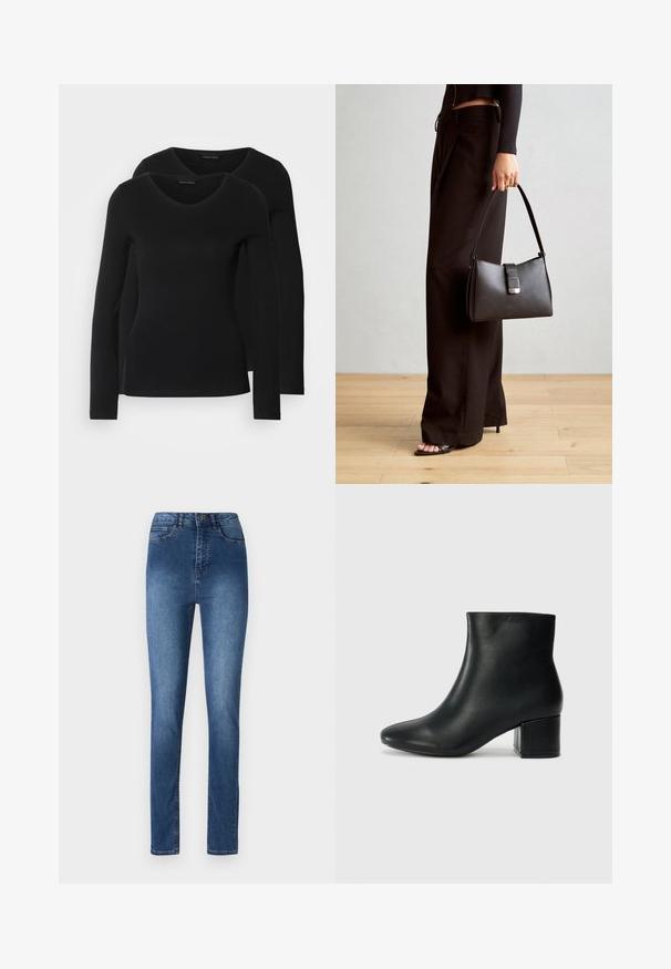 Kaks musta pika varrukaga särk, millel on V-kaelus ja mis on valmistatud pehmest ja venivast kangast, millel on sile tekstuur ja sobiv kuju.; Sinine teksapüksid kitsas lõikes, keskmise kõrgusega vöökoht, viis taskut ja delikaatsed õmbluse detailid. Sile tekstuur ja klassikaline disain.; Mustad nahast pahkluu saapad terava varbaga ja jämeda kandaga. Sile tekstuur minimaalse aktsentidega ja stiilne, lihvitud disain.; Must musta kott, millel on struktureeritud kuju, sile tekstuur ja metallist klamber. Kombineeritud laiate mustade pükstega ja avatud varvaste sandaalidega puidust põrandal.