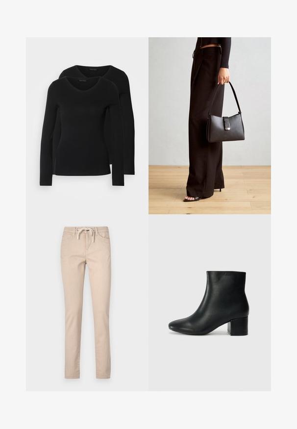 Zwei schwarze Langarmshirts mit V-Ausschnitt, aus weichem, dehnbarem Stoff, der eine glatte Textur und eine figurbetonte Passform zeigt.; Beige gestreifte Baumwollhosen mit einem Kordelzugbund, schmal zulaufenden Beinen und zwei Fronttaschen. Glatte Textur, lässiges Design.; Schwarze Leder-Ankle-Boots mit spitzem Zehenbereich und klobigem Absatz. Glatte Textur mit minimalen Akzenten und einem eleganten, taillierten Design.; Schwarze Handtasche mit strukturierter Form, glatter Textur und einem metallischen Verschluss. Kombiniert mit weiten schwarzen Hosen und offenen Sandalen auf einem Holzboden.