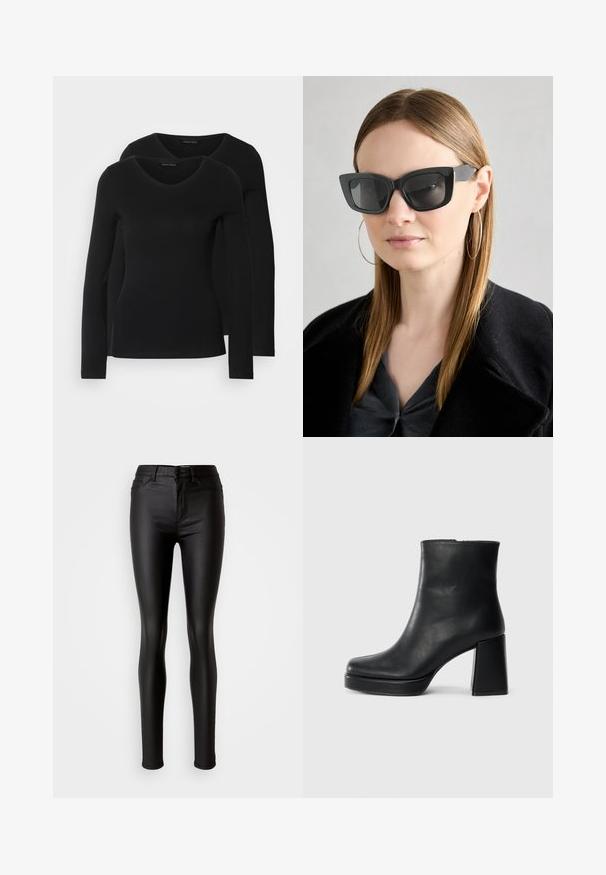 Duas camisetas pretas de manga longa com design em V, feitas de um tecido macio e elástico, apresentando uma textura suave e um formato ajustado.; Calças skinny em imitação de couro preto com uma textura suave, cintura alta, fecho de botão e design tradicional de cinco bolsos.; Bota de couro preta até ao tornozelo com salto bloco e sola com plataforma, vista de lado sobre um fundo branco liso.; Óculos de sol pretos em formato de gato com lentes escuras, armações grossas e acentos subtis. Usados com um casaco preto e uma blusa cinza, apresentando cabelo longo e liso.