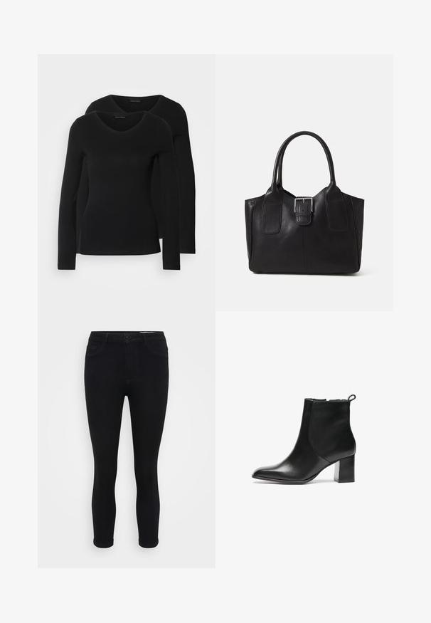 Divi melni krekli ar garām piedurknēm un V-veida kakla izgriezumu, izgatavoti no mīksta, elastīga auduma, ar gludu tekstūru un pieguļošu formas.; Melna džinsu jeggings ar izstrādātu jostu, piecām kabatām un pogu aizdari. Gluda tekstūra un saspringta piegrieztne pie potītēm.; Melnas ādas potītes zābaks ar noapaļotu purngalu, vidēja augstuma bloku papēdi un aizdari aizmugurē. Gluda tekstūra, minimāls dizains.; Melnas ādas somiņa ar gludu tekstūru, strukturētu formu, divām rokturām un izteiktu sudraba sprādzi priekšpusē.