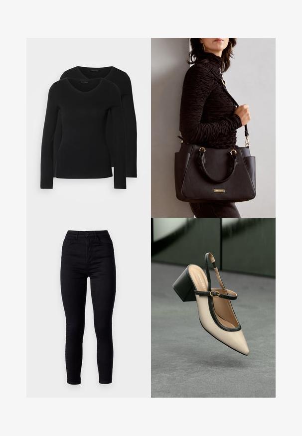 Duas camisetas pretas de manga longa com design em V, feitas de um tecido macio e elástico, apresentando uma textura suave e um formato ajustado.; Jeans skinny pretos com uma cintura alta, feitos de denim elástico. Apresenta um fecho frontal com botão e dois bolsos traseiros. Textura suave.; Sandal de biqueira pontuda em bege com acabamento preto, fivela dourada e um salto bloco sólido, em um chão cinza com fundo verde escuro.; Bolsa preta com superfície texturizada, alças superiores duplas e alça de ombro ajustável. Apresenta ferragens em tom dourado e bolsos laterais.