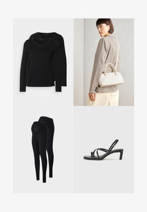 To svarte langermede skjorter med V-halsdesign, laget av mykt, elastisk stoff, viser jevn tekstur og en tettsittende fasong.; Sorte graviditetsleggings laget av elastisk stoff. Har en høy, elastisk midjebånd og en jevn tekstur. Tilgjengelig i pakke med to.; Sorte sandaler med stropper, firkantet tå og lav blokk hæl. Har flere tynne stropper og en justerbar ankelstropp. Laget av glatt lær.; Hvit strukturert håndveske med korte håndtak og skulderreim, med detaljer i gullfinish og teksturert materiale, vist mot en grå bakgrunn.