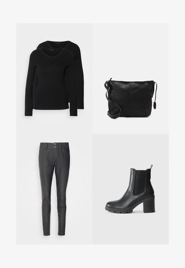 Twee zwarte longsleeve shirts met een V-hals ontwerp, gemaakt van zachte, rekbare stof, die een gladde textuur en een getailleerde vorm laten zien.; Zwarte broek met een slim fit, gemaakt van glad materiaal. Bevat een sluiting met twee knopen bij de taille en een platte voorkant.; Zwarte leren enkellaars met elastische zijpanelen, robuuste rubberen zool en een hoge blokhak. Beschikt over een trekband aan de achterkant.; Zwarte leren schoudertas met een platte vorm, gouden hardware-accenten en een verstelbare schouderband. Gladde textuur met minimale stikdetails.