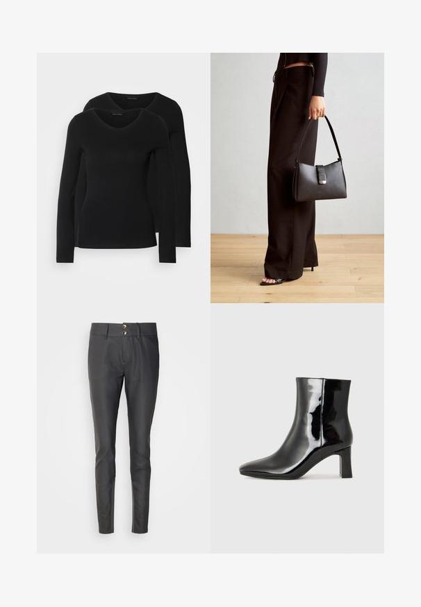 Two black long-sleeve shirts with a V-neck design, made of soft, stretchy fabric, showing smooth texture and a fitted shape.; Black trousers with a slim fit, made of smooth material. Features two button closure at the waist and a flat front design.; Black patent leather ankle boot with a pointed toe and a mid-height block heel. Smooth texture and minimalist design.; Black handbag with structured shape, smooth texture, and a metallic clasp. Paired with wide black pants and open-toe sandals on wooden floor.