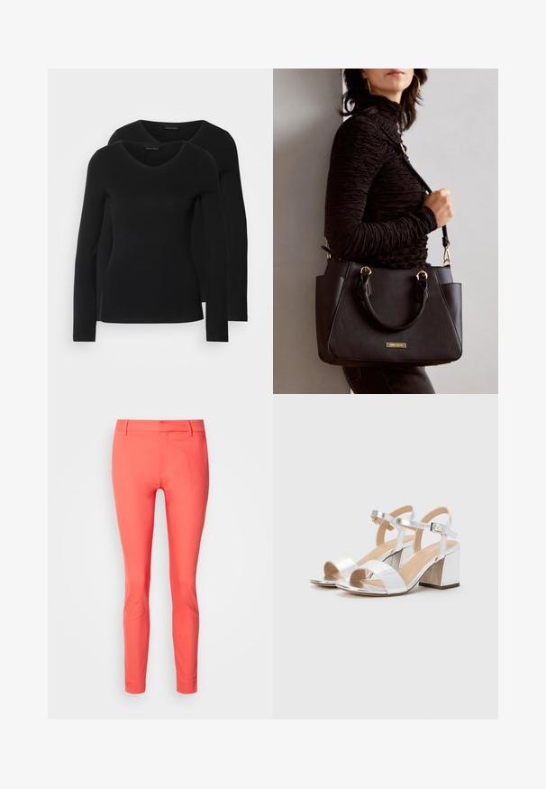 Dwie czarne koszule z długim rękawem o designie w kształcie litery V, wykonane z miękkiego, elastycznego materiału, o gładkiej teksturze i dopasowanym kroju.; Różowe, dopasowane spodnie uszyte z gładkiego materiału, z zamkiem błyskawicznym, szlufkami na pasek oraz eleganckim krojem bez kieszeni.; Srebrne sandały na wysokim obcasie z otwartymi palcami, z dwiema szerokimi paskami i zaokrąglonym blokowym obcasem. Gładka tekstura z metalicznym wykończeniem.; Czarna torebka z teksturowanej powierzchni, podwójnymi uchwytami na górze i regulowanym paskiem na ramię. Posiada złote okucia i boczne kieszenie.