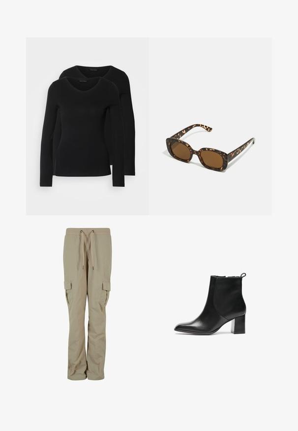 Divi melni krekli ar garām piedurknēm un V-veida kakla izgriezumu, izgatavoti no mīksta, elastīga auduma, ar gludu tekstūru un pieguļošu formas.; Beige kravas bikses, izgatavotas no viegla auduma, ar aukliņu jostu, sānu kabatām un brīvu piegriezumu komfortam.; Melnas ādas potītes zābaks ar noapaļotu purngalu, vidēja augstuma bloku papēdi un aizdari aizmugurē. Gluda tekstūra, minimāls dizains.; Tērpu apvalka saulesbrilles ar noapaļotu, masīvāku rāmi un brūnām lēcām. Satur smalkas rakstības un taisnas, sašaurinātas kājas.; Melnas ādas plecu soma ar platu formu, ar zelta aksesuāriem un regulējamu siksnu. Gluda tekstūra ar minimāliem šuvju detaļām.