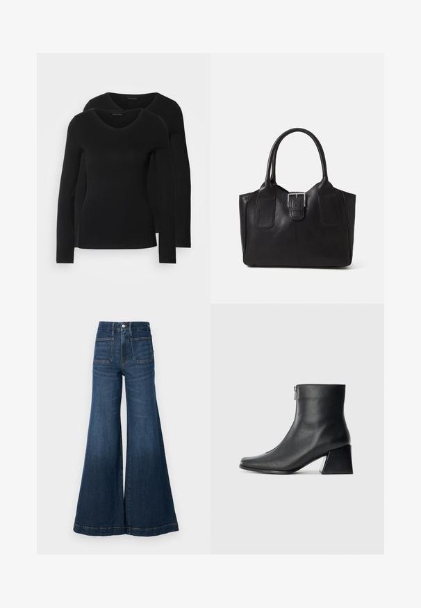 Two black long-sleeve shirts with a V-neck design, made of soft, stretchy fabric, showing smooth texture and a fitted shape.; Good American WAIST PALAZZO PATCH POCKETS TROUSER - Wide Leg - indigo; Black leather ankle boot with square toe, side zipper, and block heel against plain light background.; Black leather tote bag with smooth texture, structured shape, two handles, and a prominent silver buckle detail on the front.