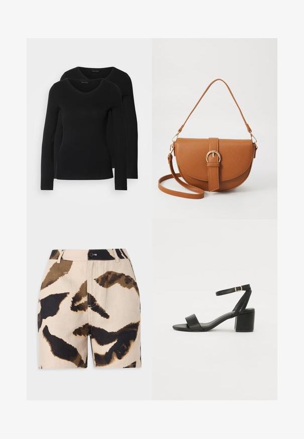 Două cămăși negre cu mâneci lungi și decolteu în V, fabricate dintr-un material moale și elastic, cu o textură netedă și o formă ajustată.; Shorts bej cu imprimeu abstract de animale în nuanțe de brun și negru, având închidere cu nasture, bucle pentru curea și un material texturat.; Sandale cu toc înalt negre, cu un superior din piele netedă, vârf deschis, curele frontale late și curea pentru gleznă ajustabilă cu detaliu din aur.; Geantă din piele maro, tip crossbody, cu o formă curbată, accesorii aurii și un accent cu cataramă. Dispune de un curea de umăr detașabilă.