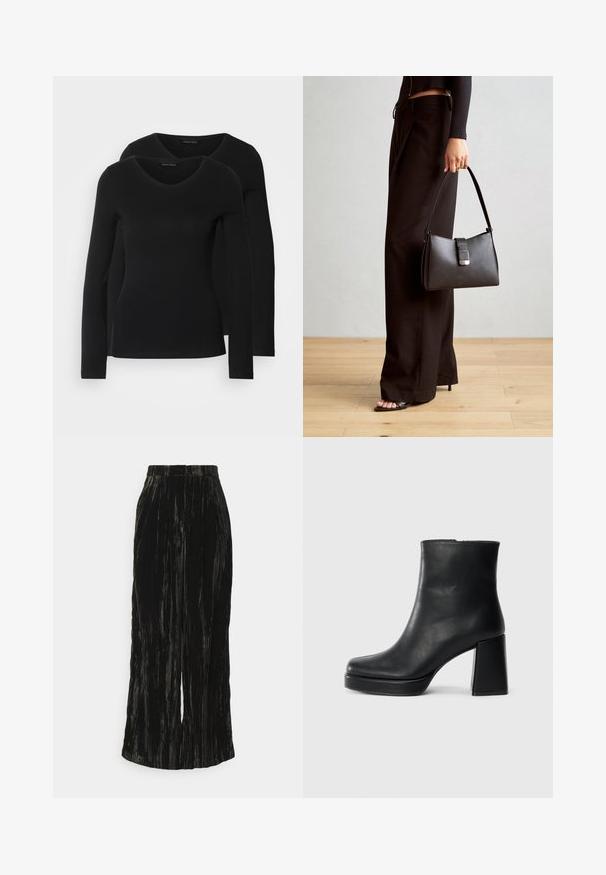 Two black long-sleeve shirts with a V-neck design, made of soft, stretchy fabric, showing smooth texture and a fitted shape.; Black pleated wide-leg trousers made of a textured fabric, featuring vertical stripes and a waistband without visible hardware.; Black leather ankle boot with a block heel and platform sole, viewed from the side on a plain white background.; Black handbag with structured shape, smooth texture, and a metallic clasp. Paired with wide black pants and open-toe sandals on wooden floor.