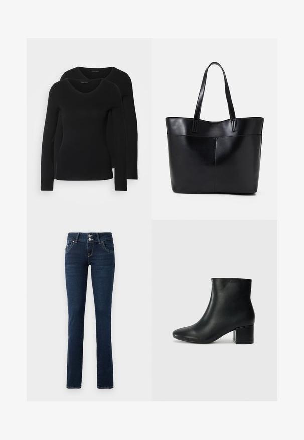 Dvě černé dlouhé rukávy trička s výstřihem do V, vyrobené z měkkého, elastického materiálu, s hladkou texturou a přiléhavým střihem.; Tmavě modré skinny džíny s dvojitým knoflíkovým zapínáním, předními kapsami a žlutým prošíváním na bílém pozadí.; Černé kožené kotníkové boty s špičatou špičkou a robustním podpatkem. Hladký povrch s minimálními akcenty a elegantním, přiléhavým designem.; Černá kožená taška s dlouhými ušima, hladkým povrchem a strukturovaným tvarem. Obsahuje přední kapsu pro další úložný prostor.