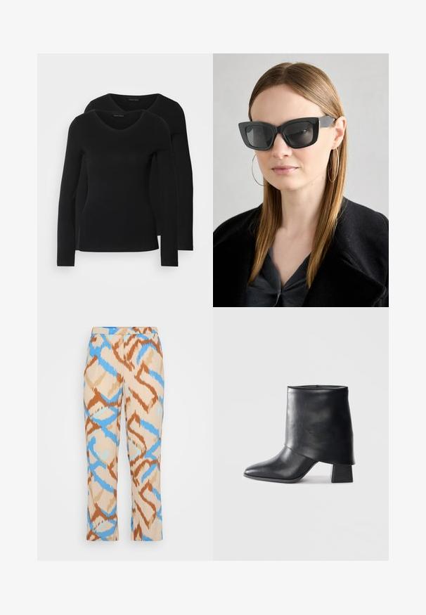Dva crna majice dugih rukava s V-izrezom, izrađene od mekanog, rastezljivog materijala, s glatkom teksturom i prilagođenim oblikom.; Bež hlače s uzorkom, sa apstraktnim dizajnom u plavoj i smeđoj boji. Izrađene od laganog materijala s ravnim krojem.; Crna kožna čizme do gležnja sa šiljastim prstom, glatke teksture i strukturiranim blok petom. Ima visoki, preklopljeni dizajn manžetne.; Crne mačje naočale s tamnim staklima, debelim okvirima i suptilnim detaljima. Nosit će se s crnim kaputom i sivoj majici, s dugom ravnom kosom.