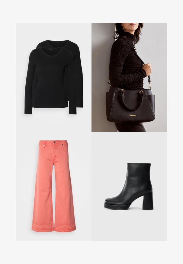 Dvě černé dlouhé rukávy trička s výstřihem do V, vyrobené z měkkého, elastického materiálu, s hladkou texturou a přiléhavým střihem.; Korálové široké kalhoty vyrobené z bavlny, s pěti kapsami, kovovými detaily a čistým zakončením na lemech. Obsahují klasické zapínání na knoflík a zip.; Černý kožený kotníkový bot s blokovým podpatkem a platformou, viděný z boku na jednoduchém bílém pozadí.; Černá kabelka s texturovaným povrchem, dvojitými horními uchy a nastavitelným ramenním popruhem. Obsahuje zlaté kovové prvky a boční kapsy.