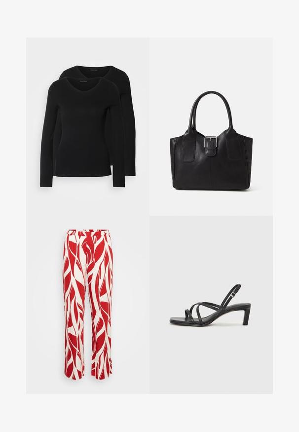 Two black long-sleeve shirts with a V-neck design, made of soft, stretchy fabric, showing smooth texture and a fitted shape.; Red and white patterned trousers with a leaf design, featuring a wide leg, elastic waistband, and lightweight fabric.; Black strappy sandal with a square toe and a low block heel. Features multiple thin straps and an adjustable ankle strap. Made of smooth leather.; Black leather tote bag with smooth texture, structured shape, two handles, and a prominent silver buckle detail on the front.