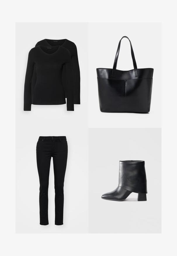 Dve črne majice z dolgimi rokavi in V-izrezom, narejene iz mehkega in raztegljivega materiala, ki prikazuje gladko teksturo in prilegnjeno obliko.; Črne usnjene ožjije hlače z gladko teksturo, zasnovo petih žepov, zankami za pas, gumbom za zapiranje in brez vidnih vzorcev ali okraskov.; Črne usnjene gležnjarje z izostrenim prstom, gladko teksturo in trdnimi blokastimi petami. Imajo visok, zložen manšeti.; Črna usnjena torba z dvema dolgima ročajema, gladko teksturo in strukturirano obliko. Ima sprednji žep za dodatno shranjevanje.