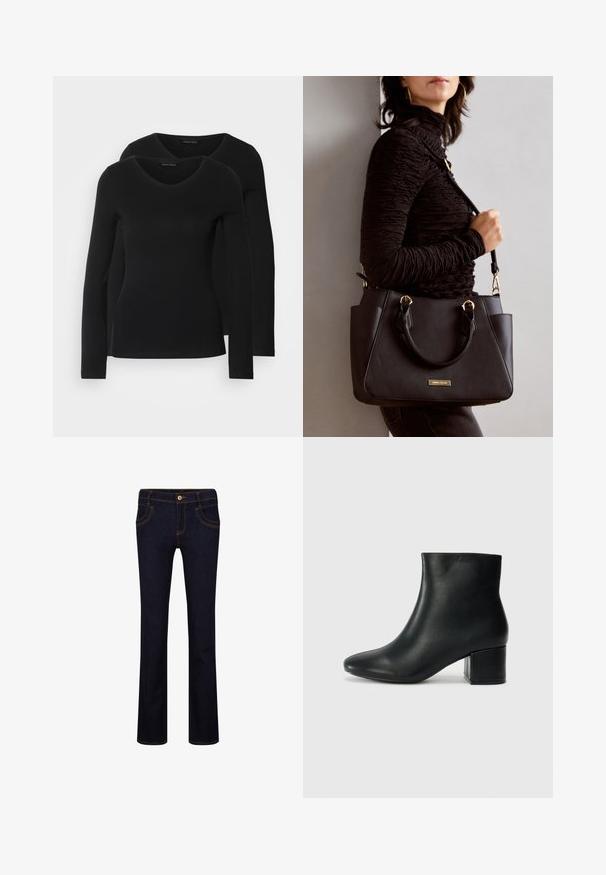 Två svarta långärmade tröjor med V-ringning, tillverkade av mjukt, stretchy tyg, som visar en slät textur och en figursydd form.; Mörkblå denimjeans med rak passform, med gula sömmar, femficksdesign och en metallknapp i midjan.; Svarta läderankelstövlar med spetsig tå och kraftig klack. Slät textur med minimala accenter och en stilren, åtsittande design.; Svart handväska med texturerad yta, dubbla handtag upptill och justerbar axelrem. Utrustad med detaljer i guld och sidofickor.