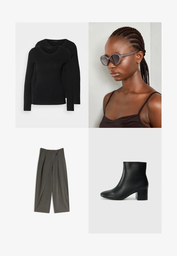 Două cămăși negre cu mâneci lungi și decolteu în V, fabricate dintr-un material moale și elastic, cu o textură netedă și o formă ajustată.; Pantaloni largi dintr-un material gri închis. Prezintă un croi drept, buzunare laterale și un închidere cu un singur nasture. Textură netedă, potrivire ajustată.; Cizme negre din piele până la gleznă, cu vârf ascuțit și toc robust. Textură netedă, cu accente minime și un design elegant, ajustat.; Ochelari de soare supradimensionați gri, cu formă rotundă și lentile închise la culoare. Rame din plastic elegante, cu un finisaj neted. Modelul are părul împletit.