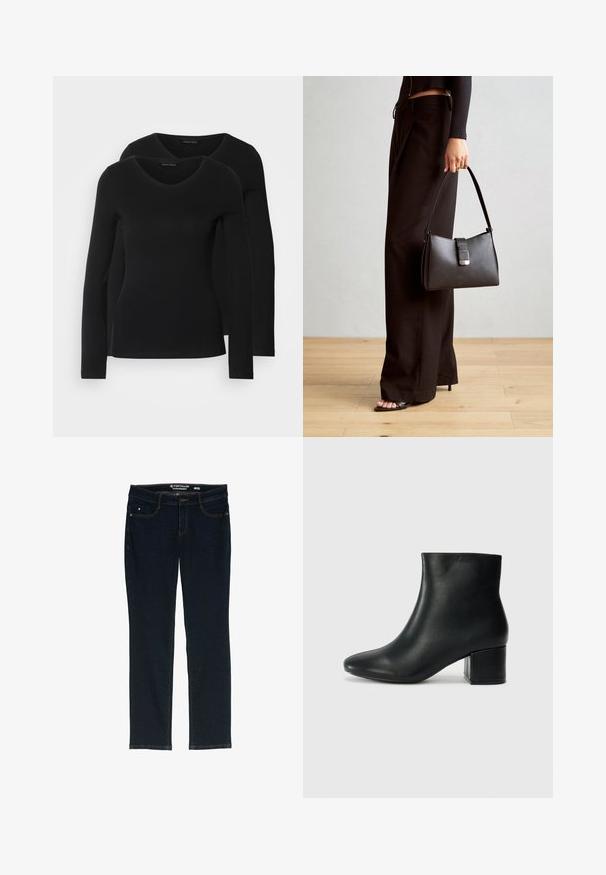 Dva crna majice dugih rukava s V-izrezom, izrađene od mekanog, rastezljivog materijala, s glatkom teksturom i prilagođenim oblikom.; Tamno plave traperice ravnog kroja izrađene od denima. Imaju pet džepova, kontrastnu narančastu šav i oznaku na pojasu s imenom brenda.; Crne kožne čizme do članaka s uskim vrhom i debelim potplatom. Glatka tekstura s minimalnim detaljima i elegantan, prilagođen dizajn.; Crna torba s oblikom koji sadrži strukturu, glađu teksturu i metalnu kopču. Uparena s širokim crnim hlačama i sandalama na otvorenom s drvenog poda.